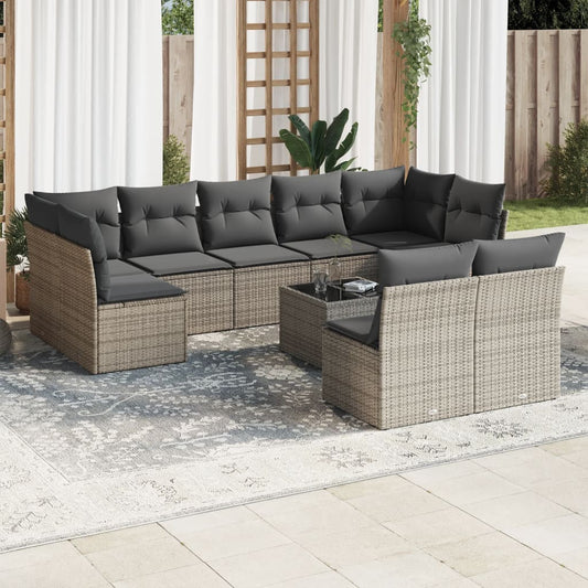 10-delige Loungeset met kussens poly rattan grijs