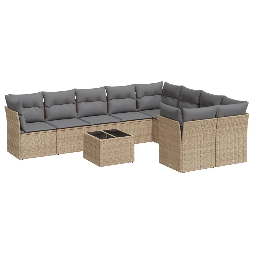 10-delige Loungeset met kussens poly rattan beige