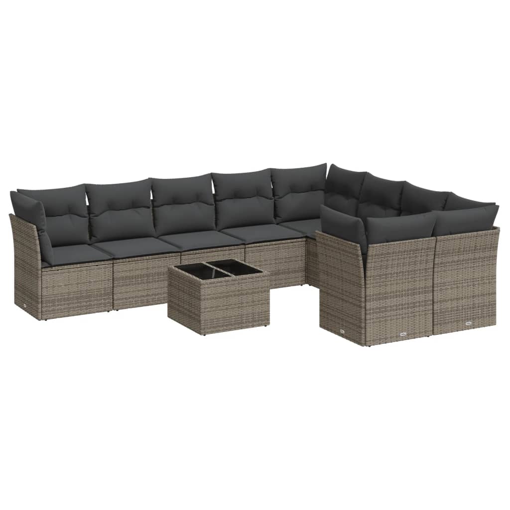 10-delige Loungeset met kussens poly rattan grijs