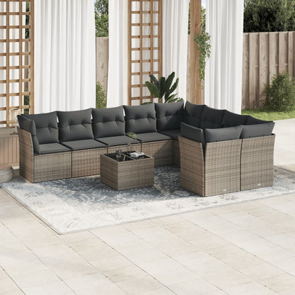 10-delige Loungeset met kussens poly rattan grijs