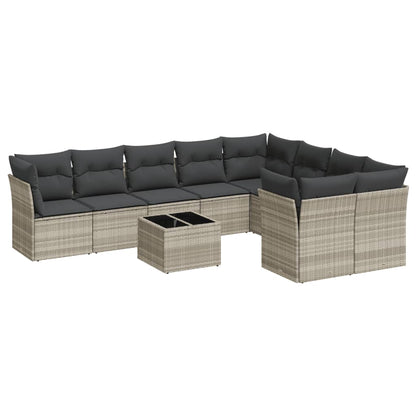 10-delige Loungeset met kussens poly rattan lichtgrijs