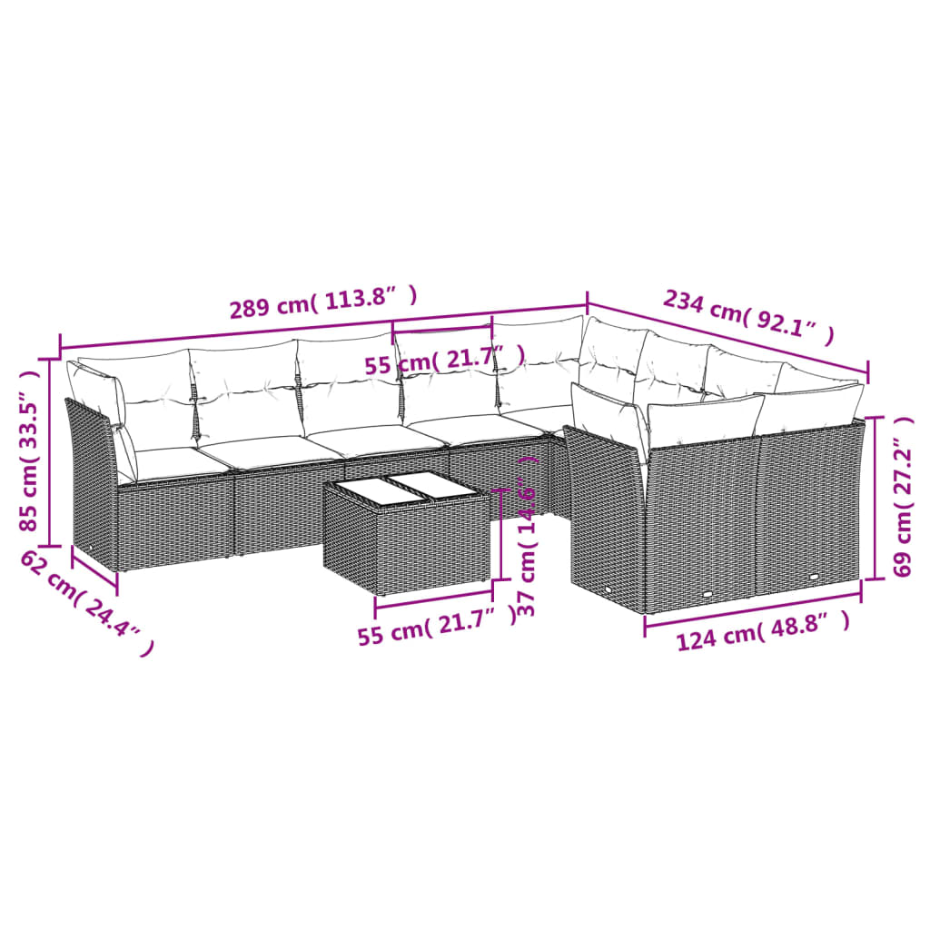 10-delige Loungeset met kussens poly rattan lichtgrijs