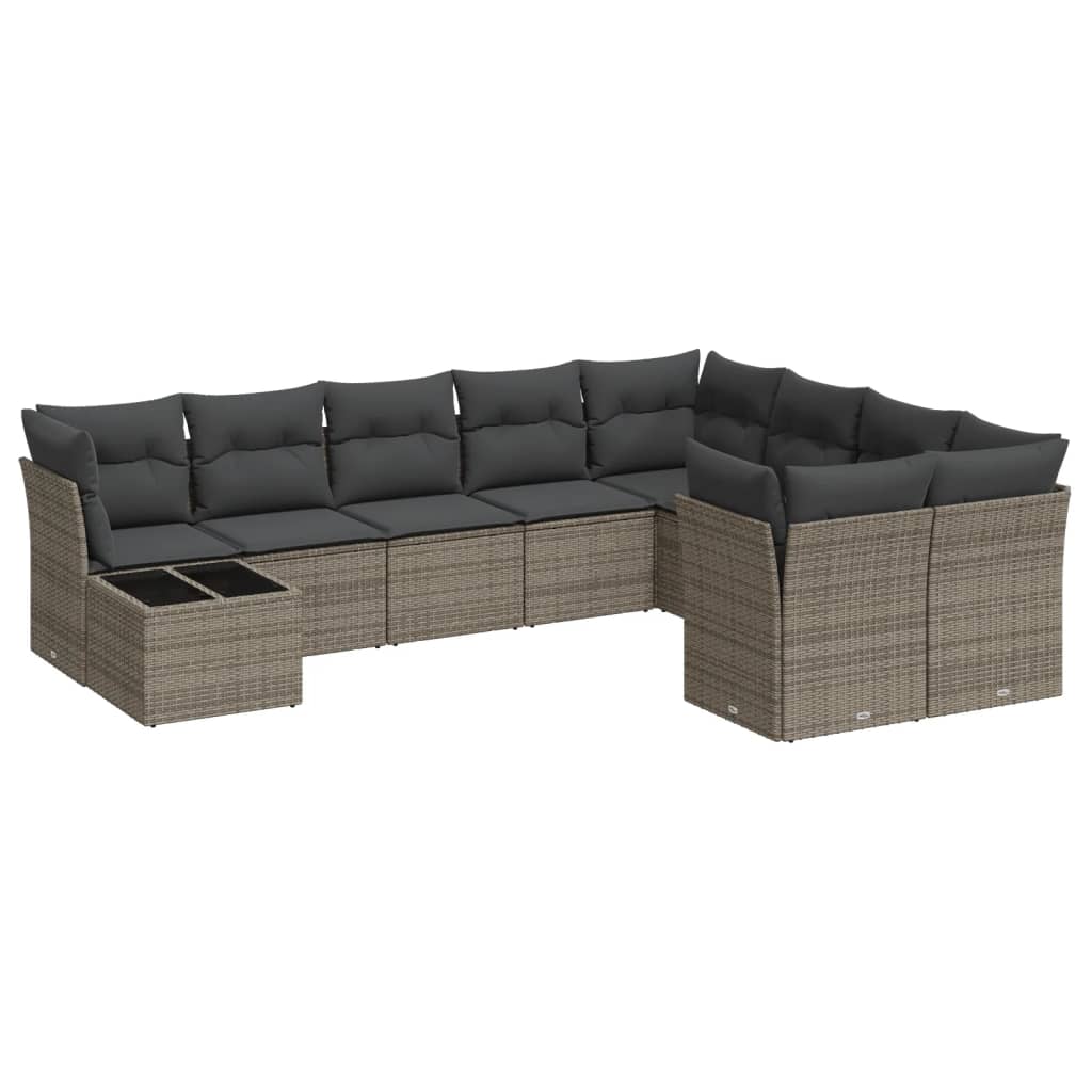 10-delige Loungeset met kussens poly rattan grijs