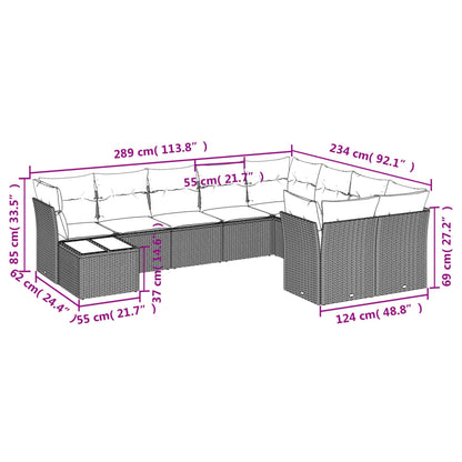 10-delige Loungeset met kussens poly rattan grijs