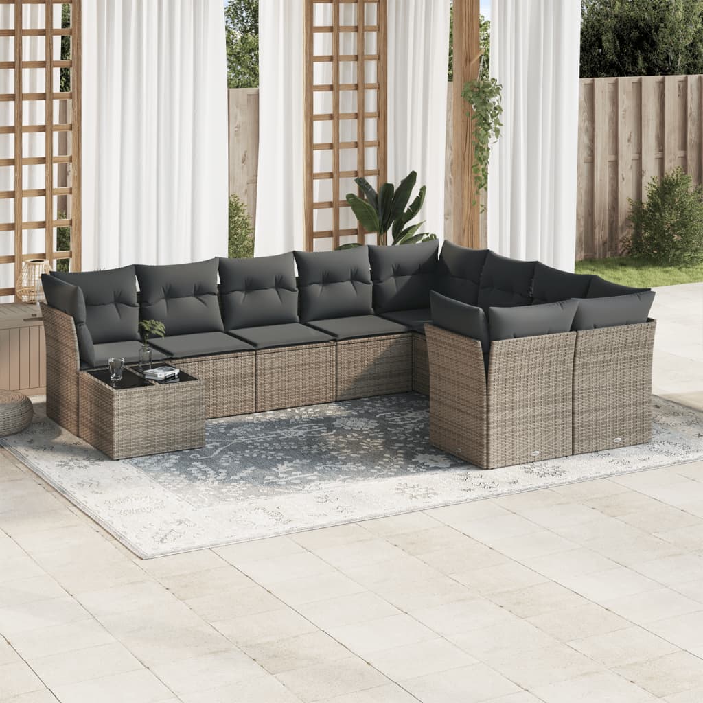 10-delige Loungeset met kussens poly rattan grijs