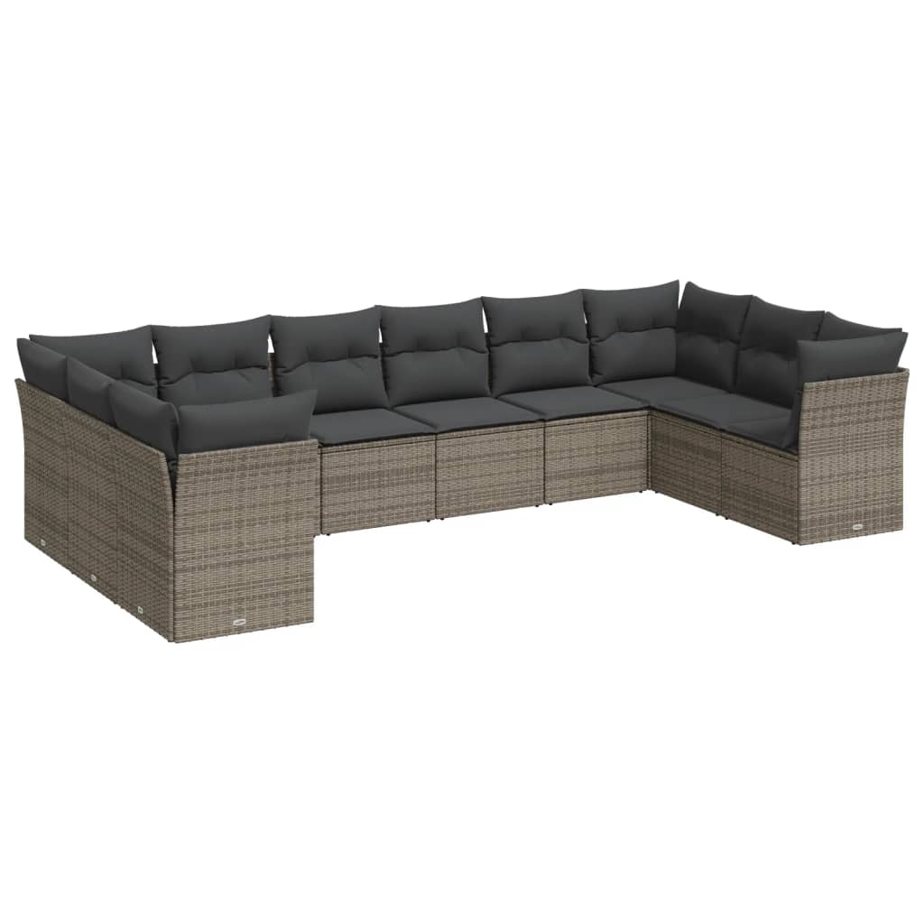 10-delige Loungeset met kussens poly rattan grijs