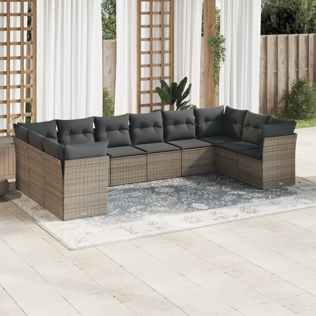 10-delige Loungeset met kussens poly rattan grijs