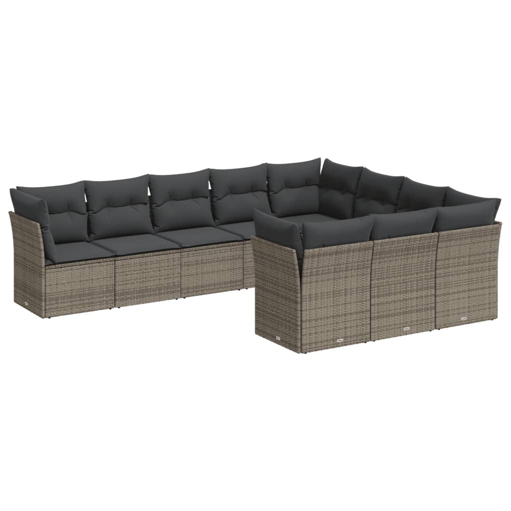 10-delige Loungeset met kussens poly rattan grijs