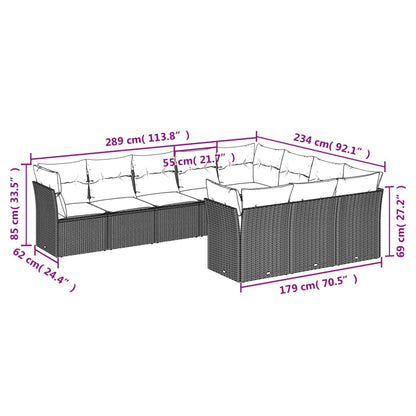 10-delige Loungeset met kussens poly rattan grijs