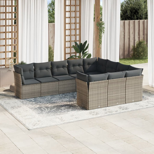 10-delige Loungeset met kussens poly rattan grijs