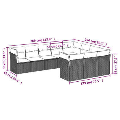 10-delige Loungeset met kussens poly rattan lichtgrijs