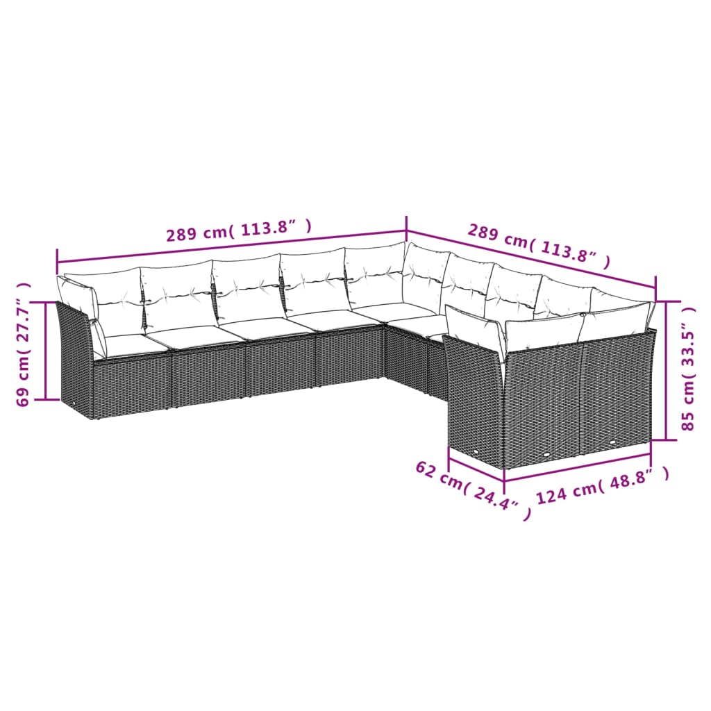 10-delige Loungeset met kussens poly rattan beige