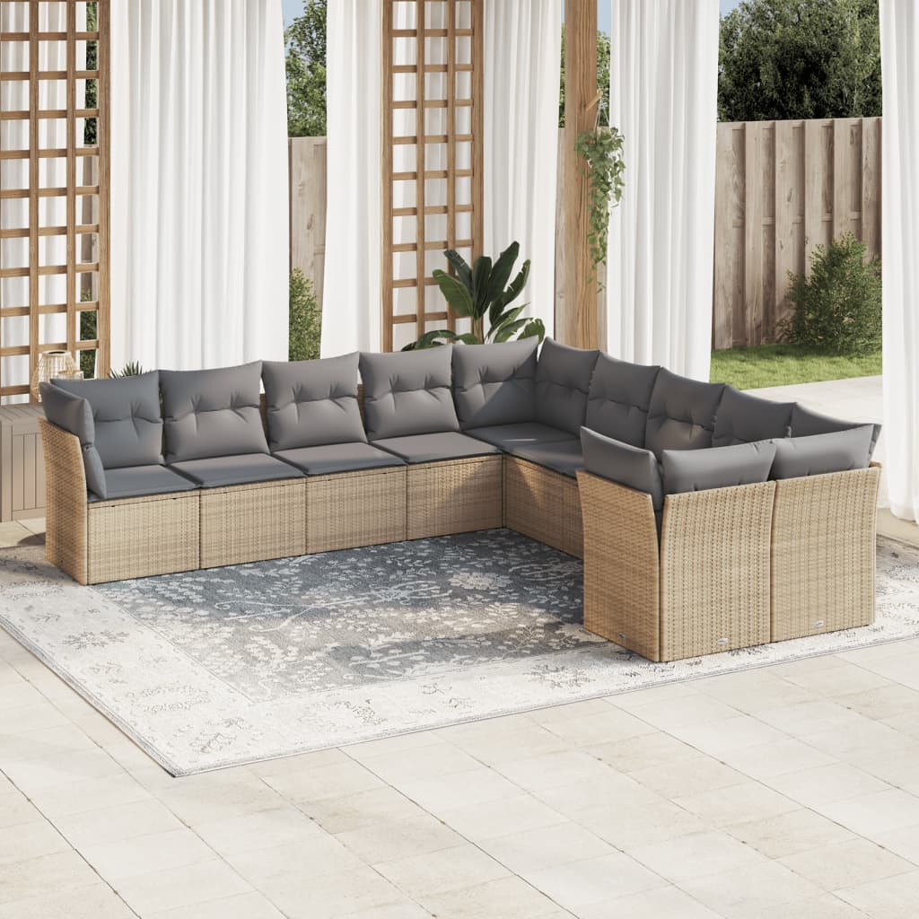 10-delige Loungeset met kussens poly rattan beige