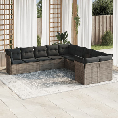 10-delige Loungeset met kussens poly rattan grijs