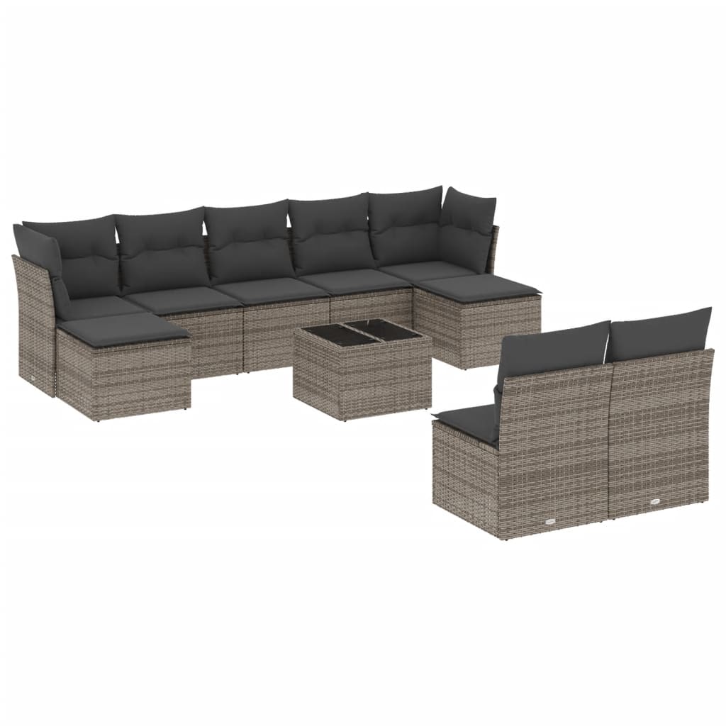 10-delige Loungeset met kussens poly rattan grijs