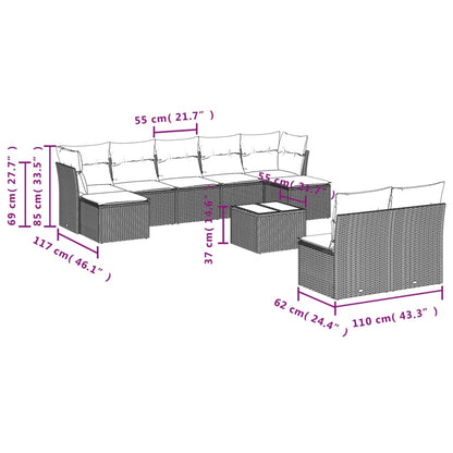 10-delige Loungeset met kussens poly rattan grijs