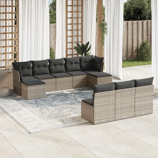 10-delige Loungeset met kussens poly rattan grijs