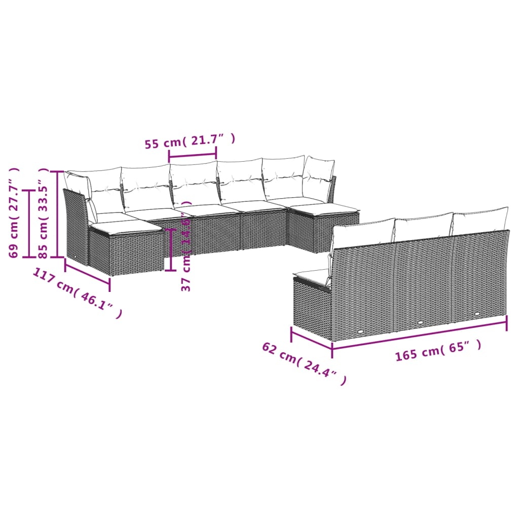 10-delige Loungeset met kussens poly rattan bruin