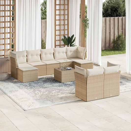 10-delige Loungeset met kussens poly rattan beige