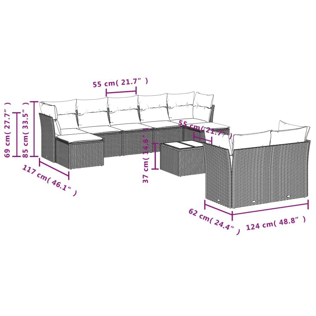 10-delige Loungeset met kussens poly rattan grijs