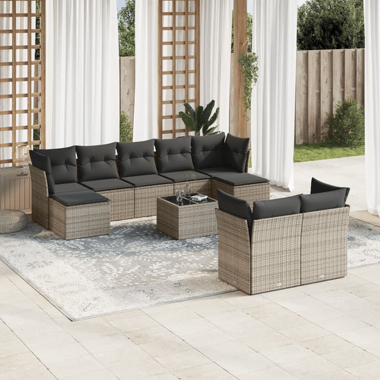 10-delige Loungeset met kussens poly rattan grijs