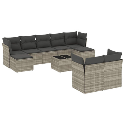 10-delige Loungeset met kussens poly rattan lichtgrijs