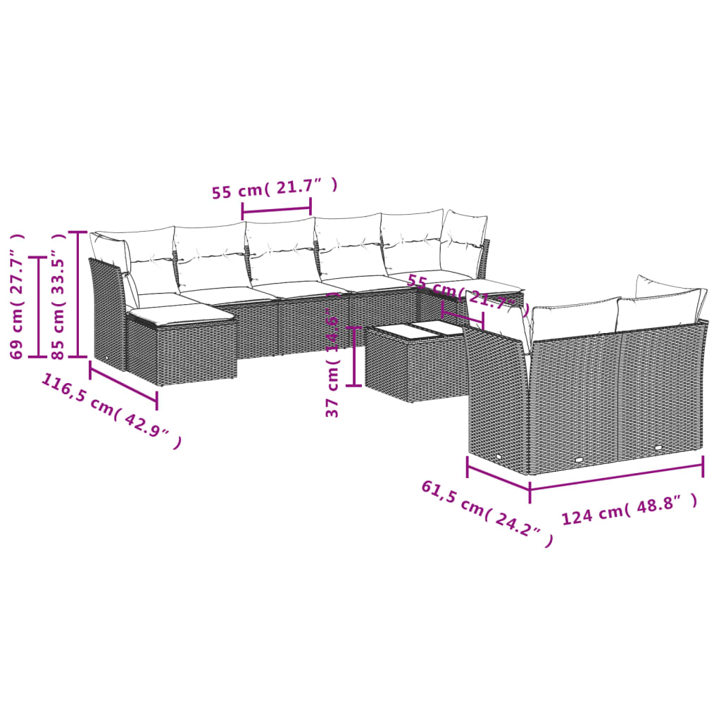 10-delige Loungeset met kussens poly rattan lichtgrijs