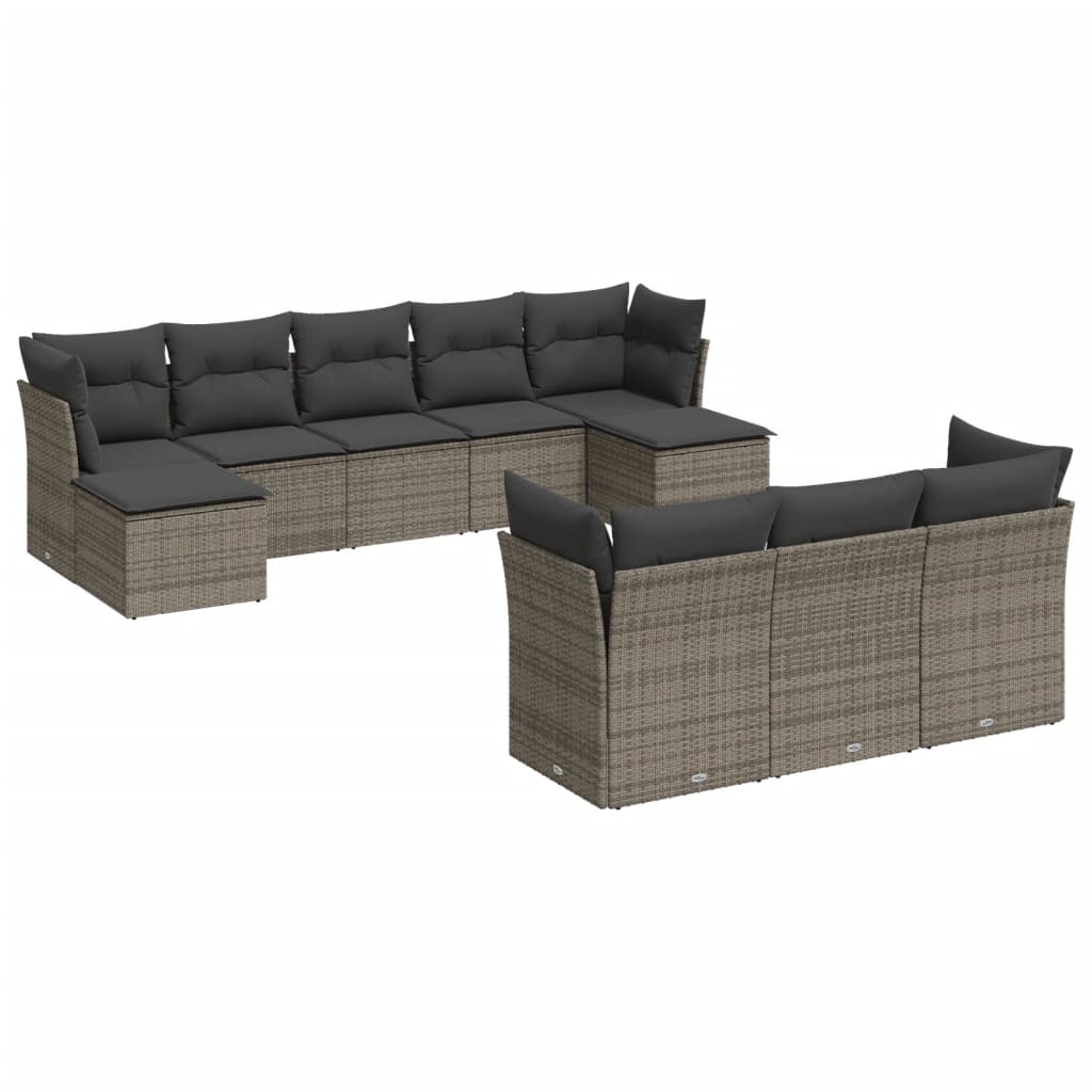 10-delige Loungeset met kussens poly rattan grijs