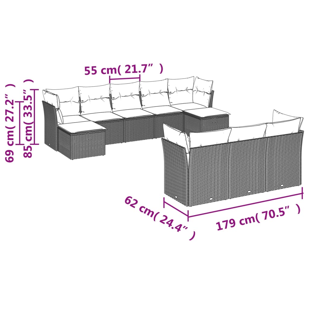 10-delige Loungeset met kussens poly rattan grijs