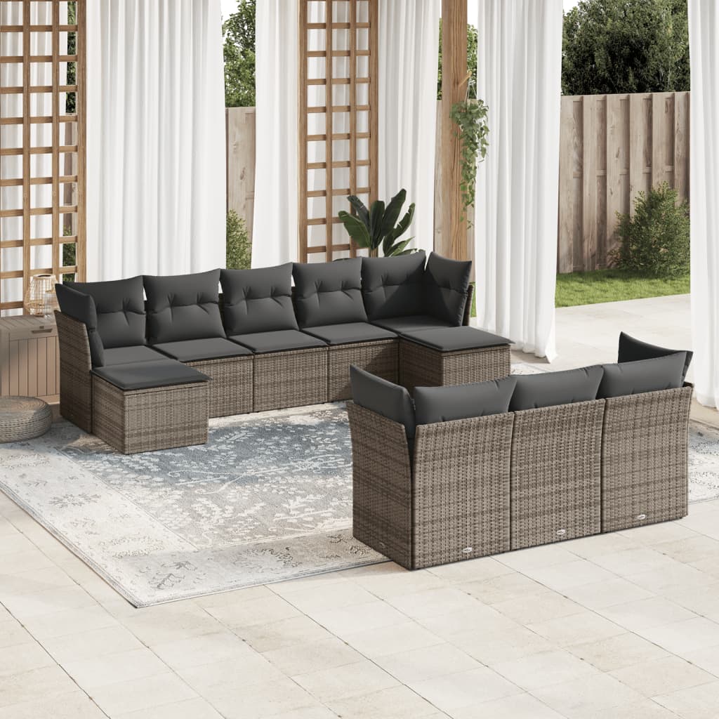 10-delige Loungeset met kussens poly rattan grijs