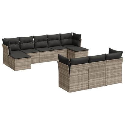 10-delige Loungeset met kussens poly rattan lichtgrijs