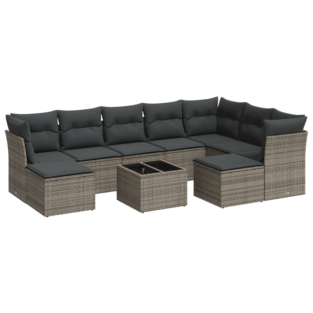 10-delige Loungeset met kussens poly rattan grijs