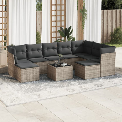 10-delige Loungeset met kussens poly rattan grijs