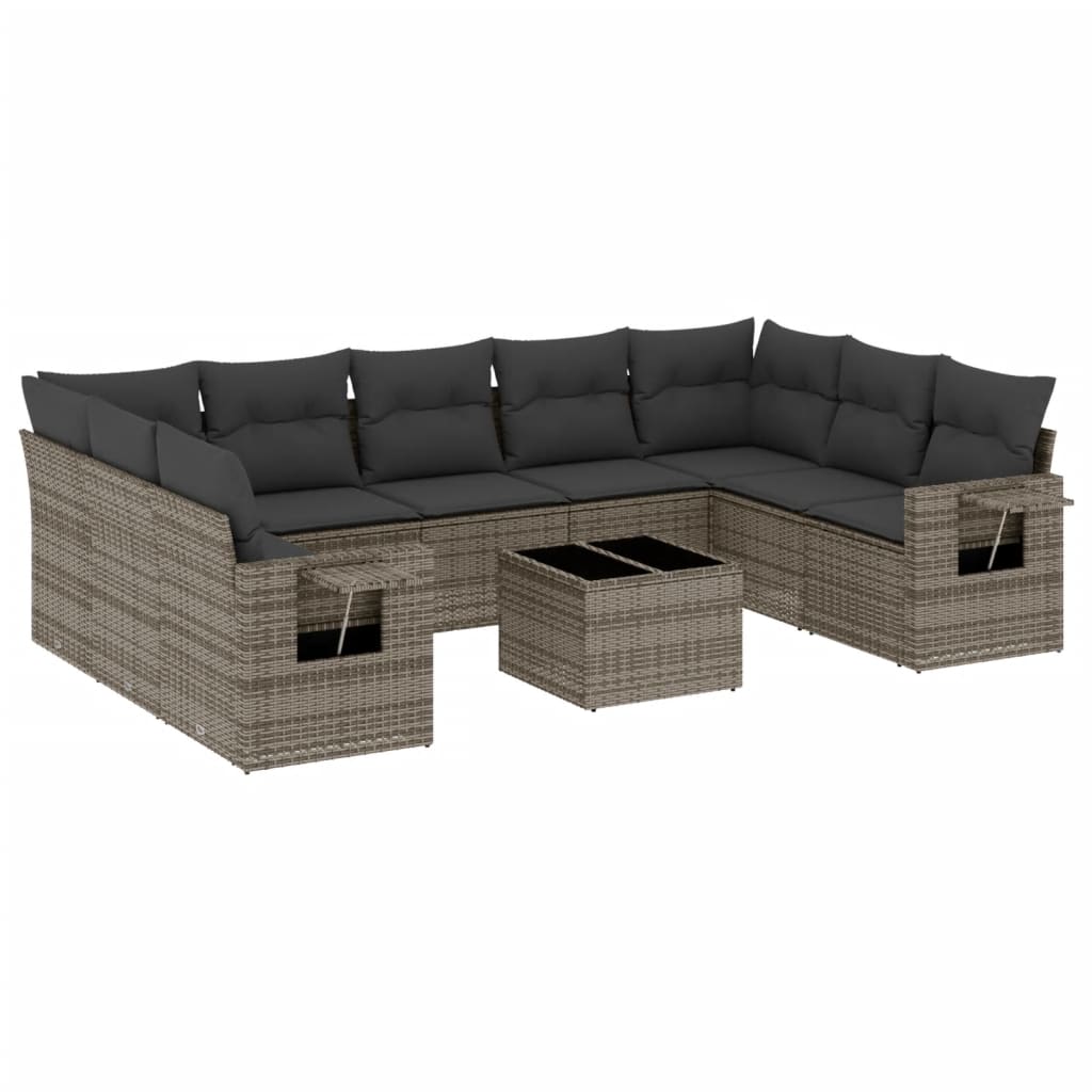 10-delige Loungeset met kussens poly rattan grijs