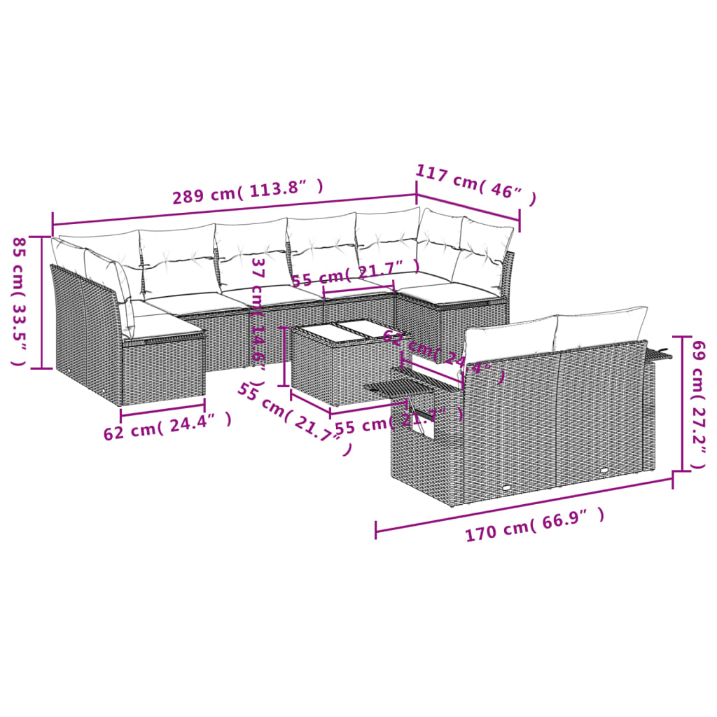 10-delige Loungeset met kussens poly rattan grijs