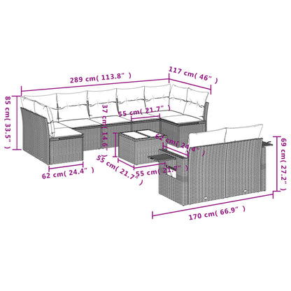 10-delige Loungeset met kussens poly rattan lichtgrijs