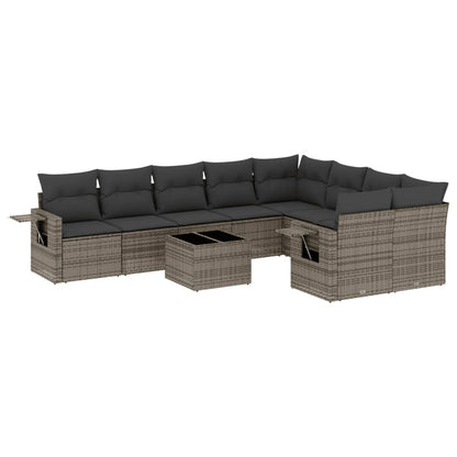 10-delige Loungeset met kussens poly rattan grijs