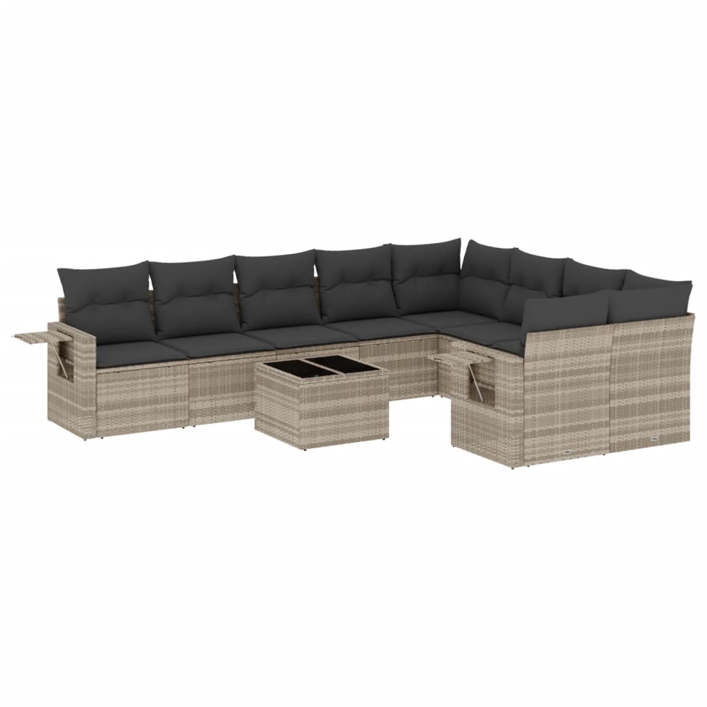 10-delige Loungeset met kussens poly rattan lichtgrijs