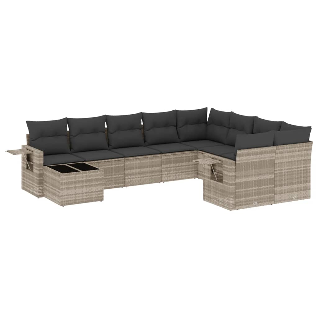 10-delige Loungeset met kussens poly rattan lichtgrijs