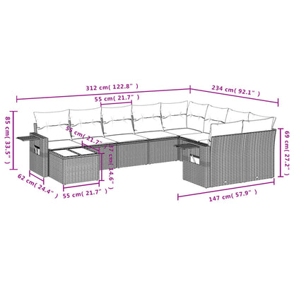 10-delige Loungeset met kussens poly rattan lichtgrijs