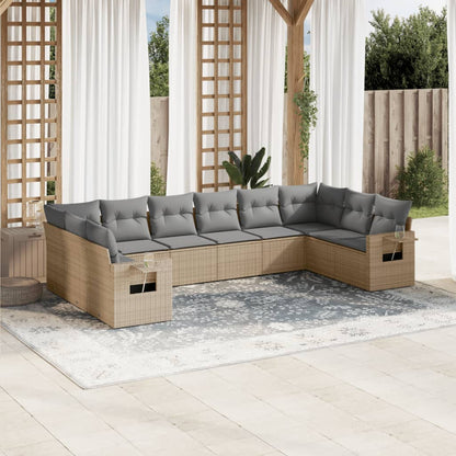 10-delige Loungeset met kussens poly rattan beige