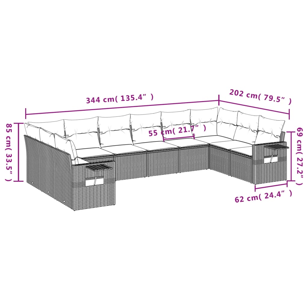 10-delige Loungeset met kussens poly rattan grijs