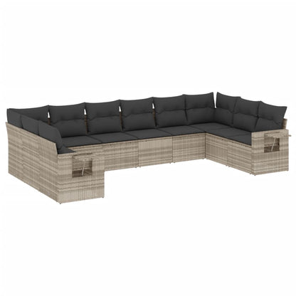 10-delige Loungeset met kussens poly rattan lichtgrijs