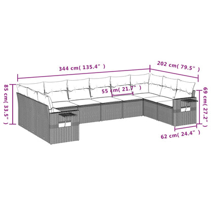 10-delige Loungeset met kussens poly rattan lichtgrijs