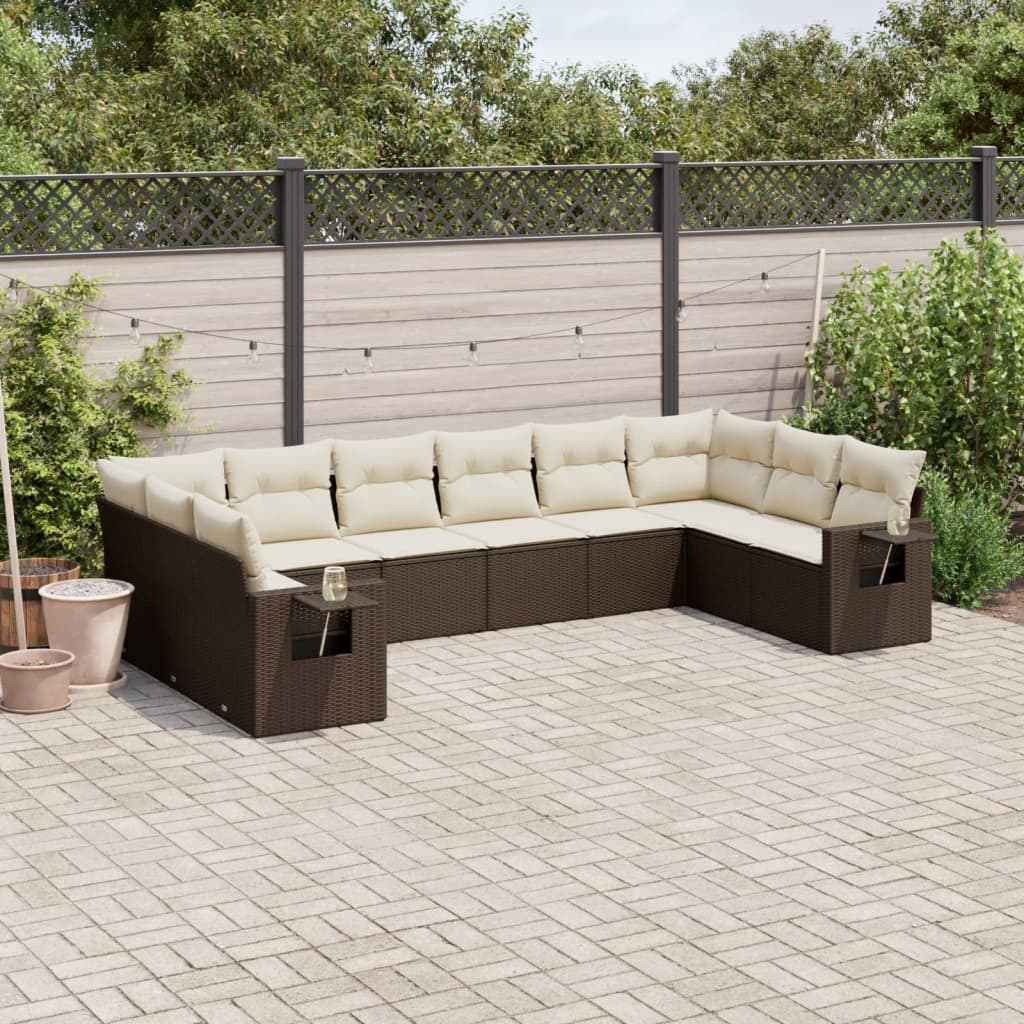 10-delige Loungeset met kussens poly rattan bruin