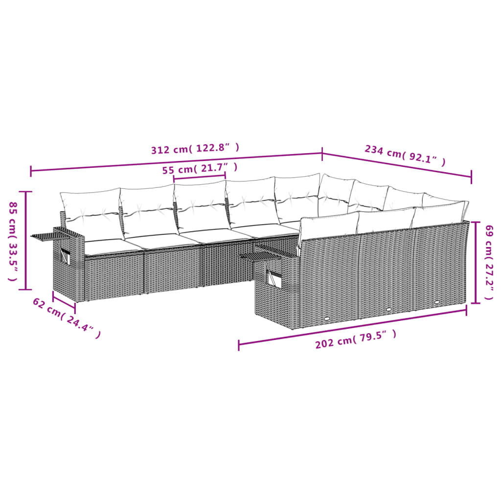 10-delige Loungeset met kussens poly rattan grijs