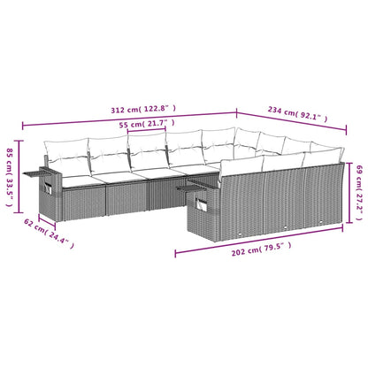 10-delige Loungeset met kussens poly rattan lichtgrijs