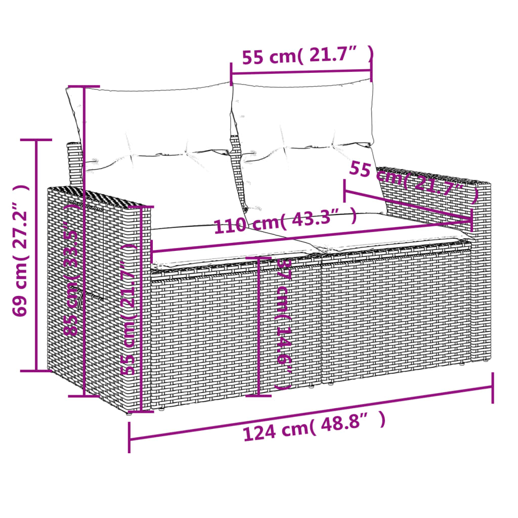 10-delige Loungeset met kussens poly rattan bruin