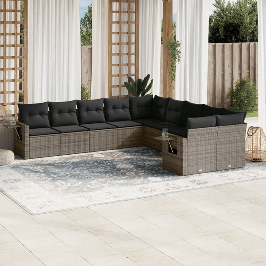 10-delige Loungeset met kussens poly rattan grijs