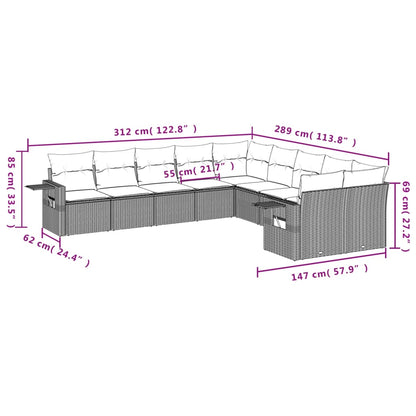 10-delige Loungeset met kussens poly rattan bruin